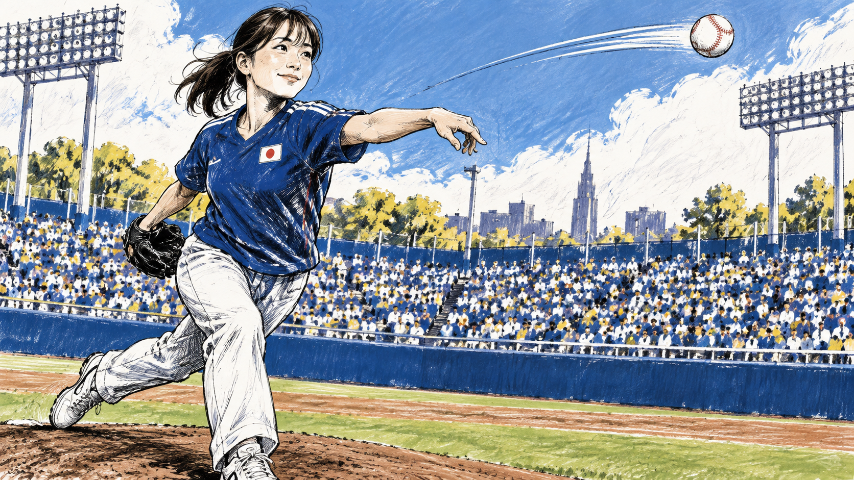 長野風花の始球式はいつ？神宮での投球とジュニア世代への学びをテーマにしたイラスト