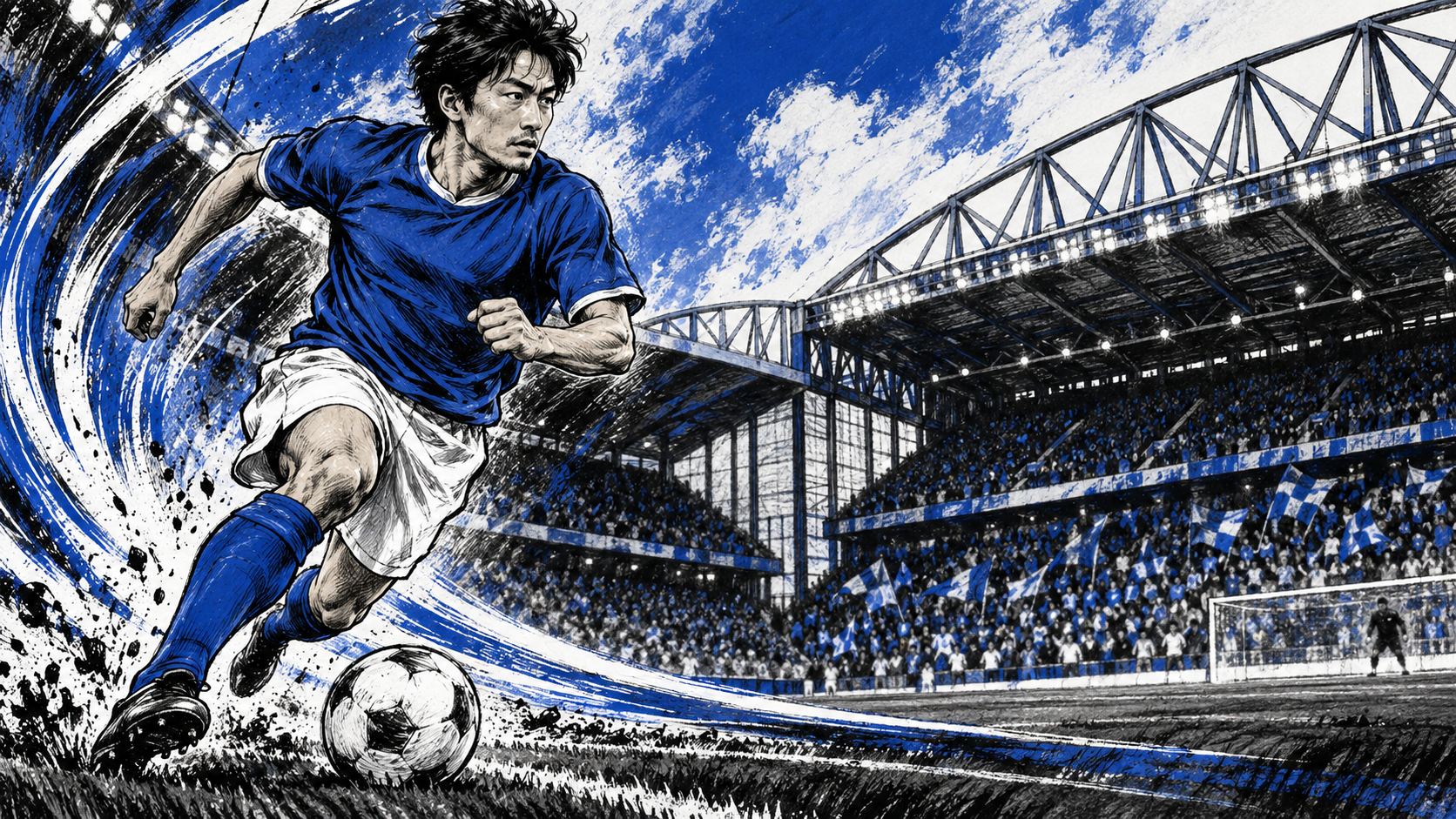 北川ひかる選手と英国のサッカーをイメージしたイラスト