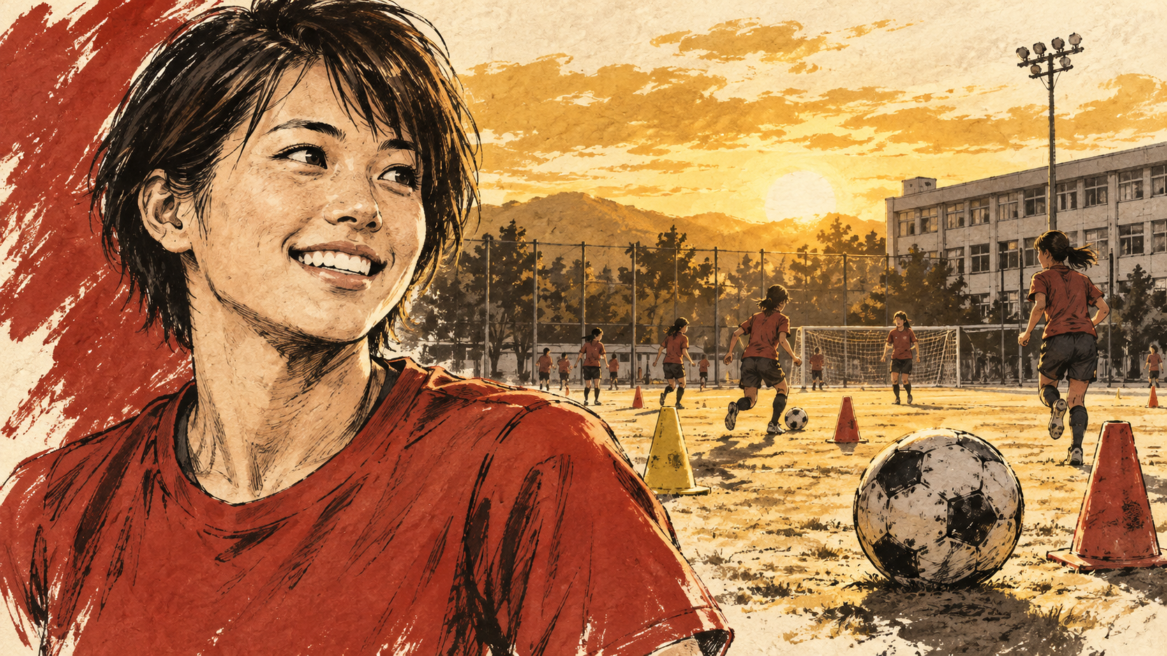 北川ひかる選手と高校時代の練習をイメージしたイラスト