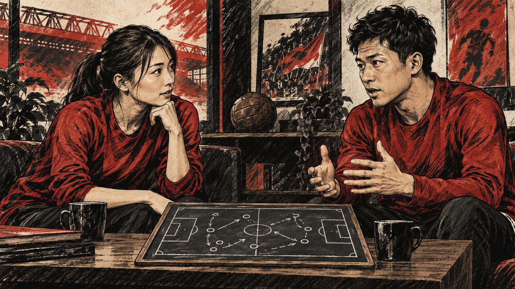 長野風花と遠藤航の対談をイメージしたイラスト