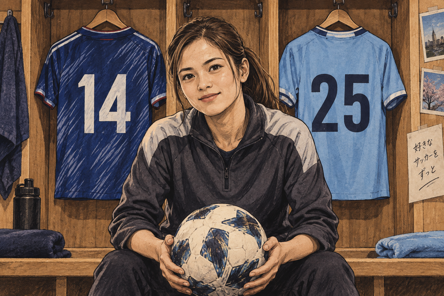 長谷川唯をイメージした似顔絵と代表14番・クラブ25番のユニフォーム