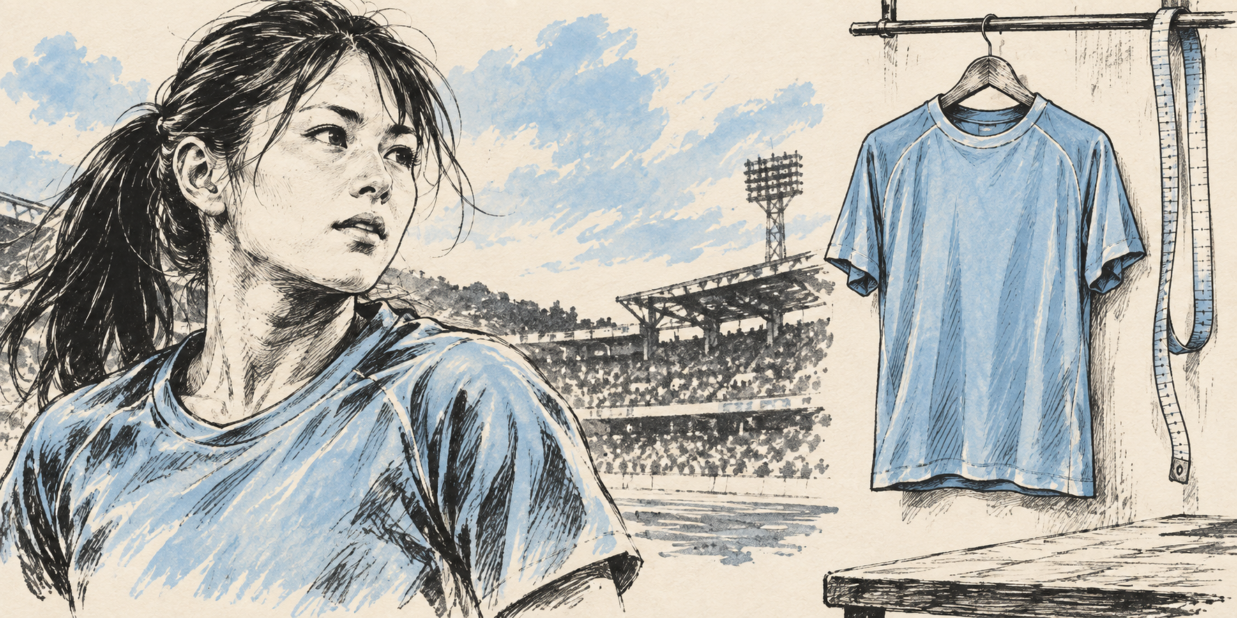 清水梨紗選手とユニフォーム選びをテーマにしたイラスト