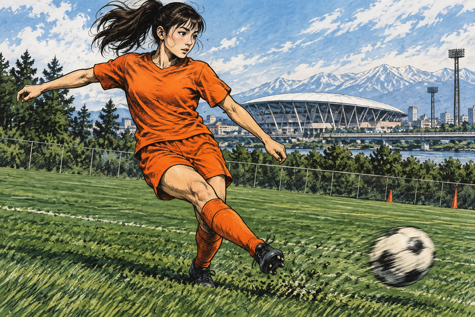 オレンジ色のウェアでプレーする北川ひかる選手をイメージしたイラスト