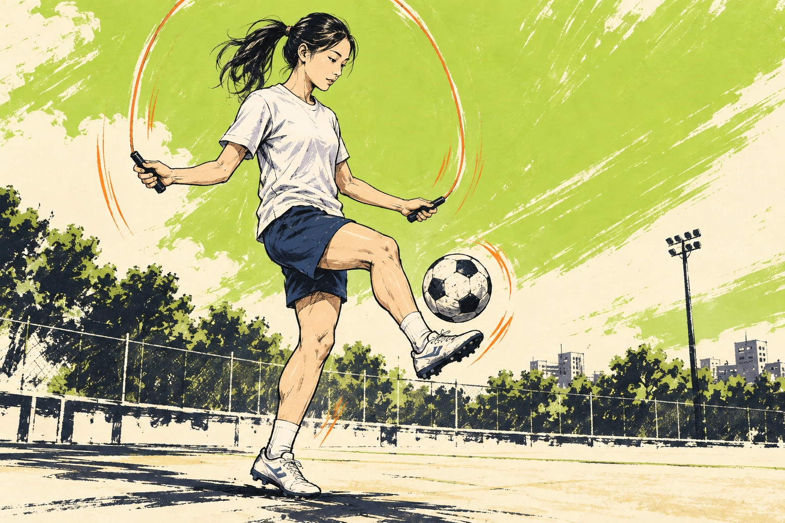 縄跳びとリフティングに取り組む女子選手のイメージイラスト