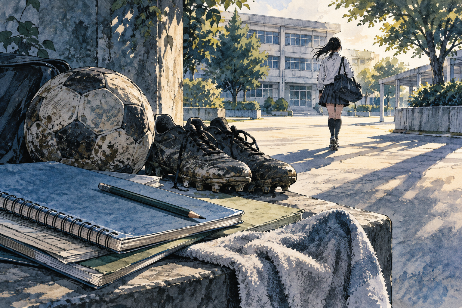 学校生活とクラブ活動の両立を表したイメージイラスト。実際の校舎や制服の再現ではありません。