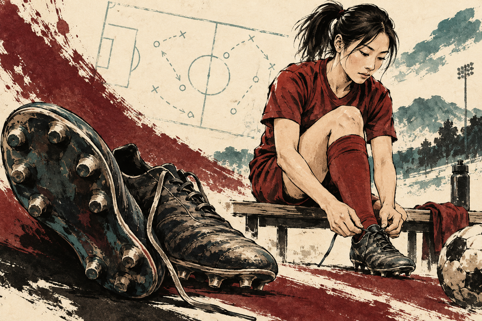 長野風花選手とスパイク選びをイメージした劇画調イラスト
