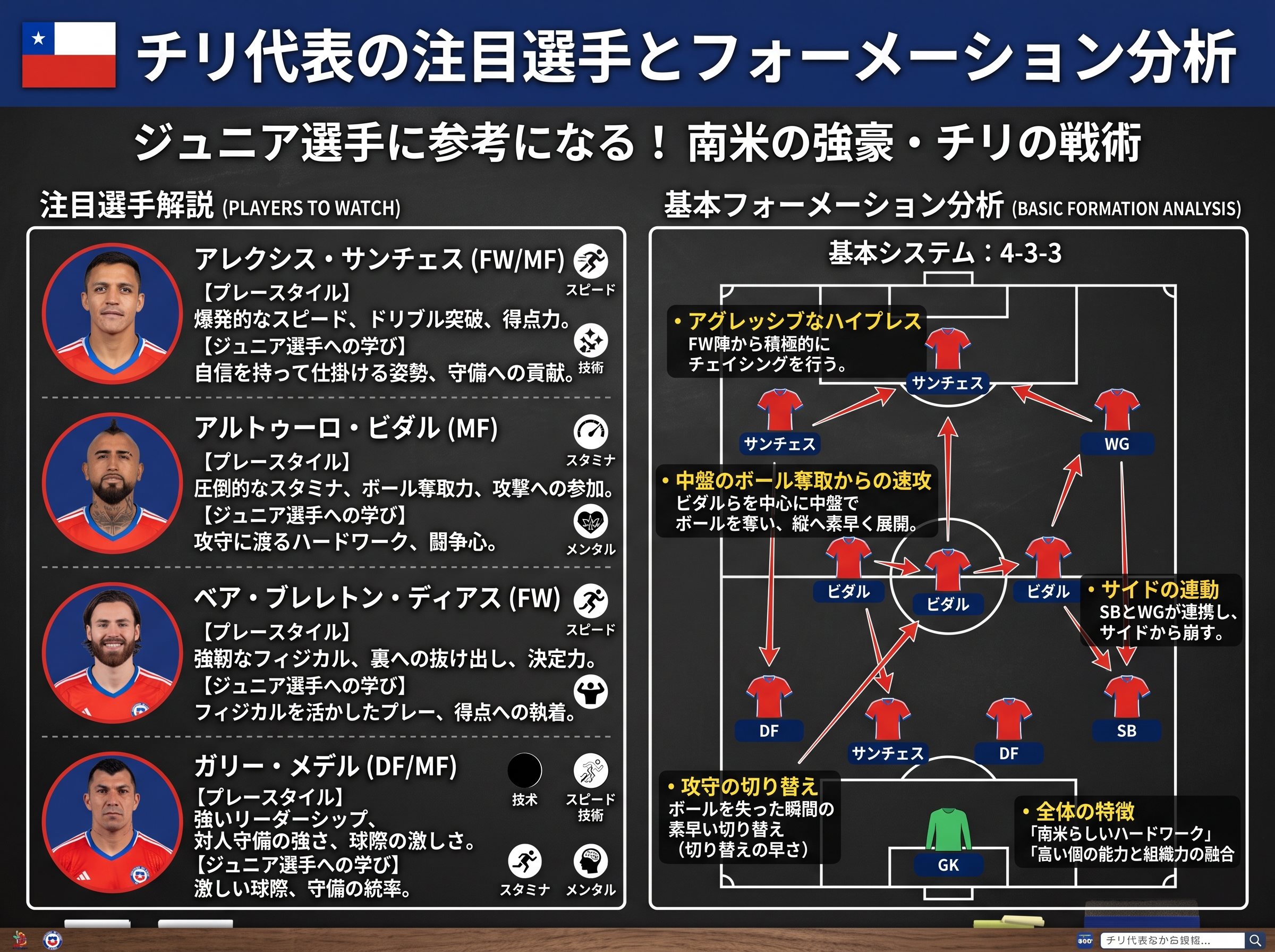 チリ代表の注目選手とフォーメーション分析