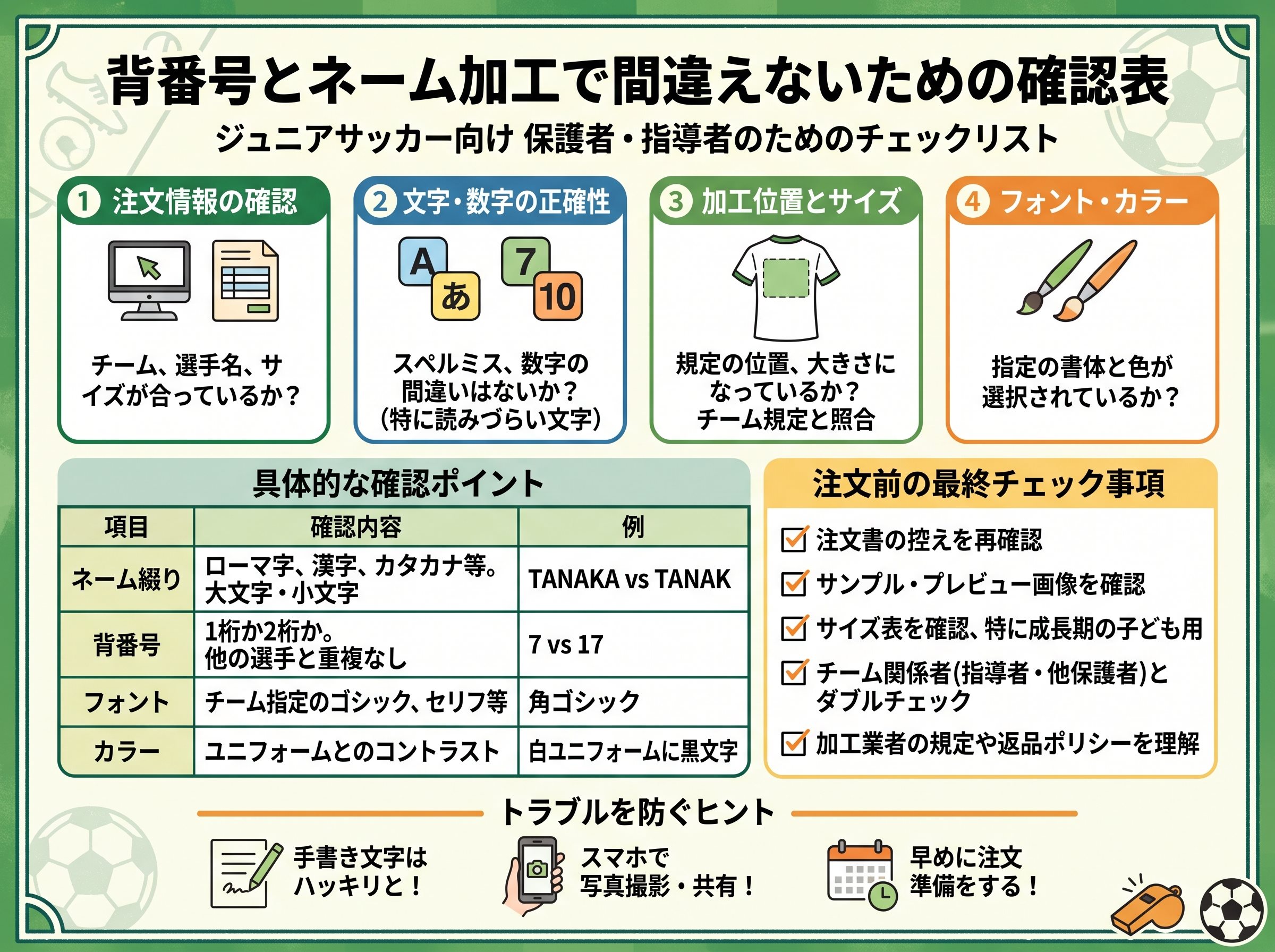 背番号とネーム加工で間違えないための確認表