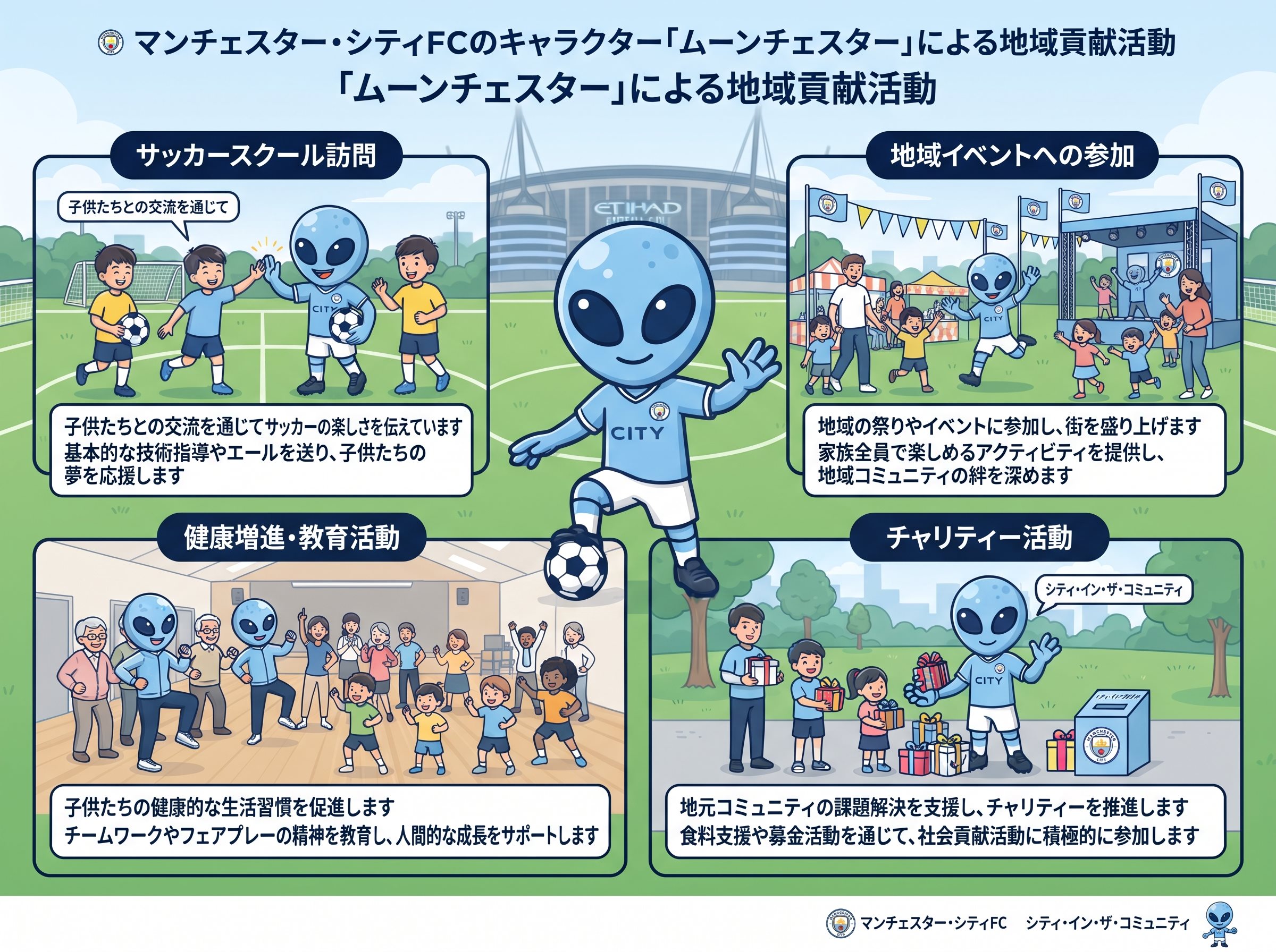 マンCキャラクター ムーンチェスターの地域貢献活動