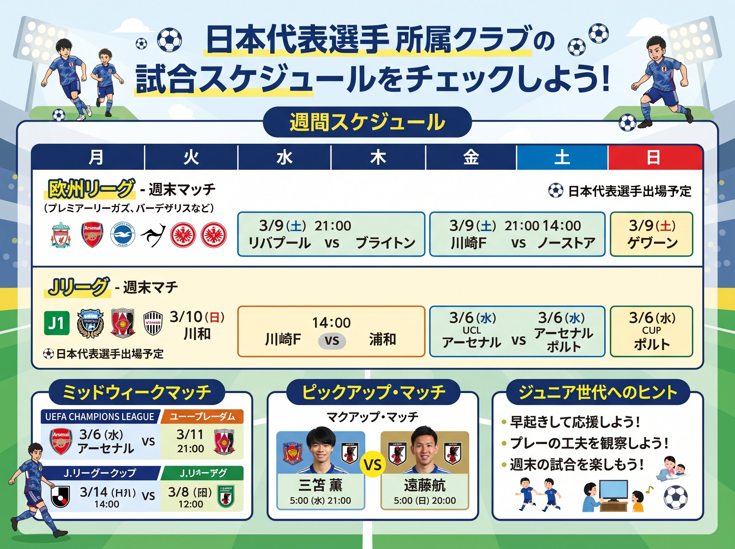 日本代表選手所属クラブの試合スケジュール