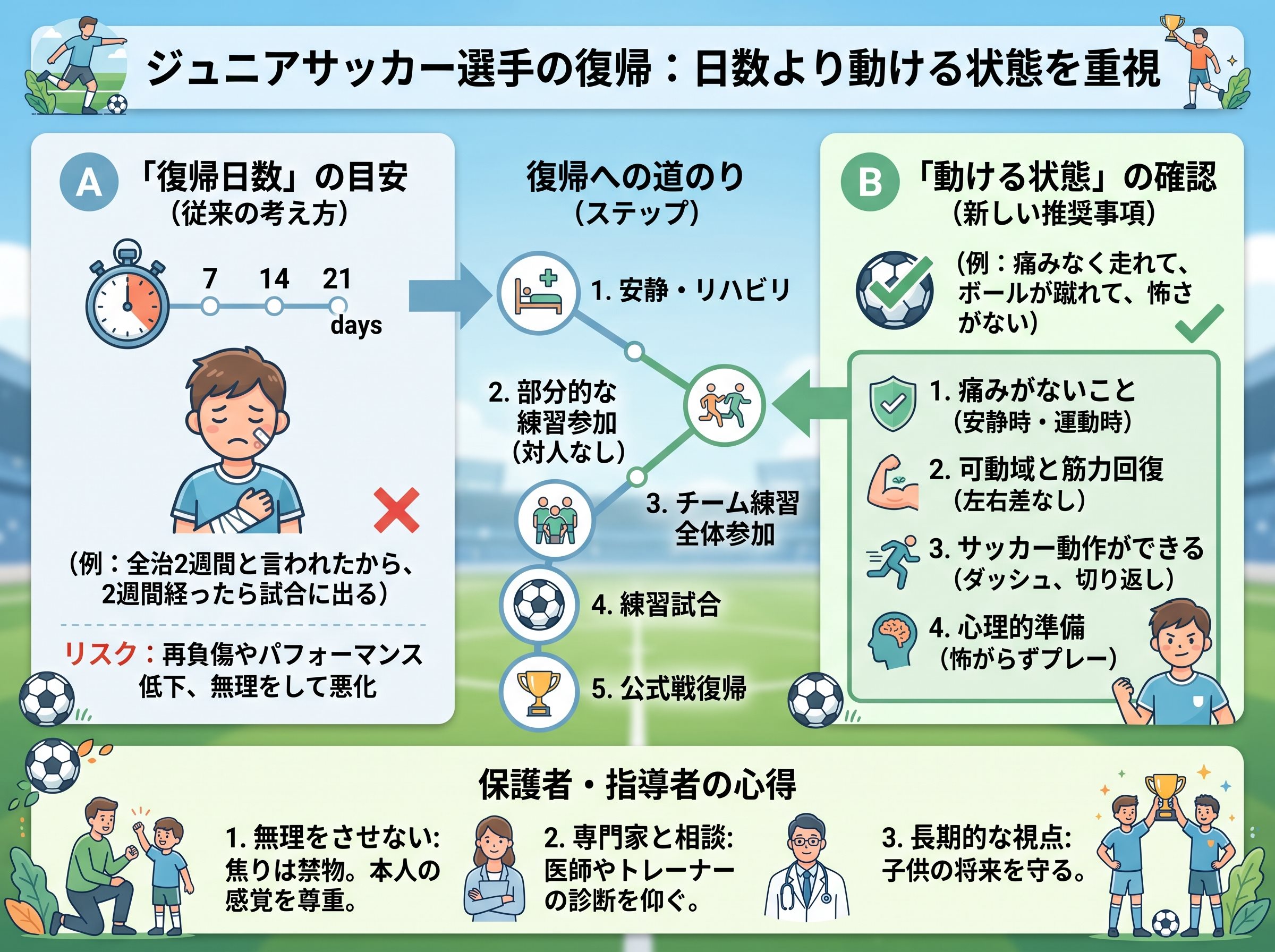 復帰は日数より動ける状態を重視